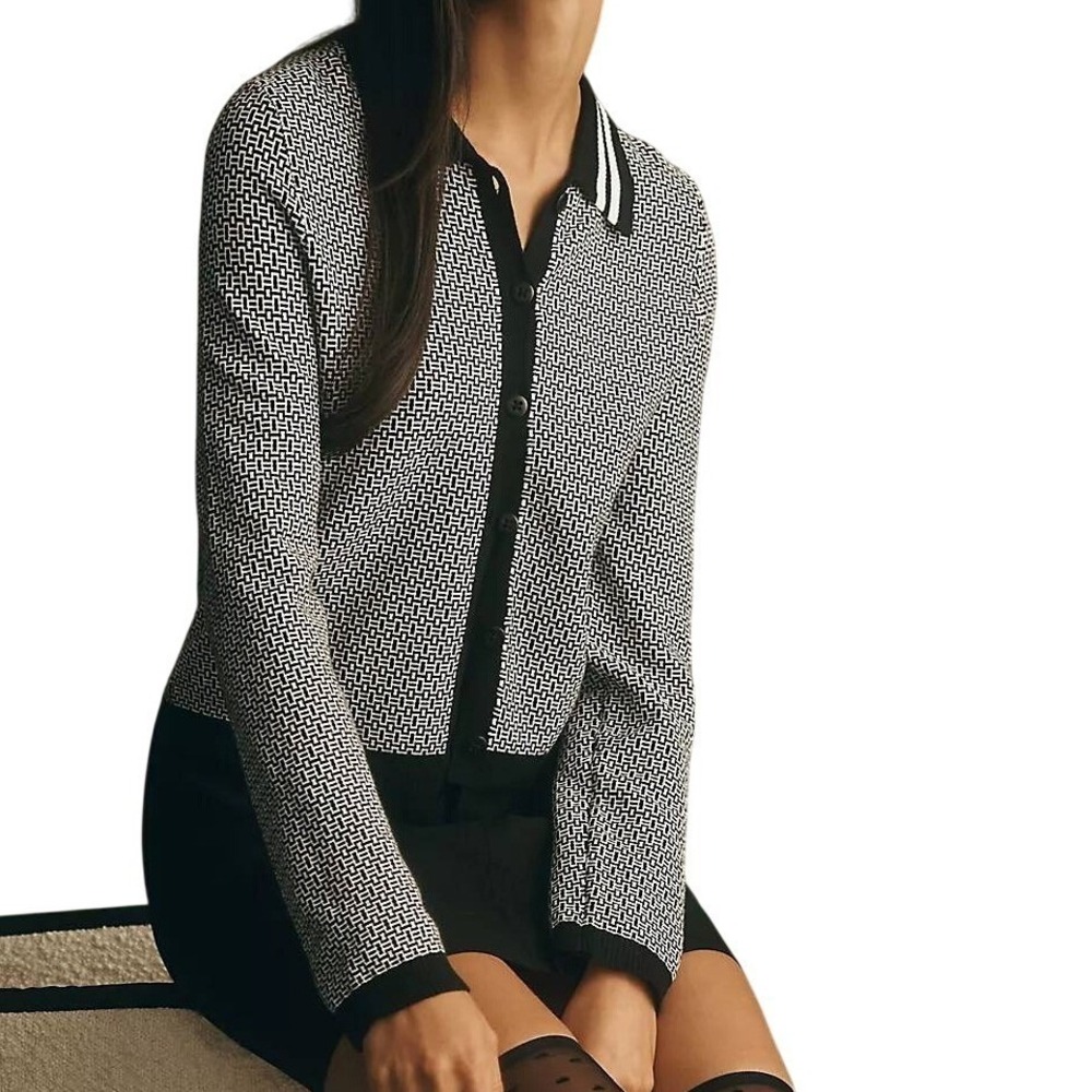Maeve Anthropologie Black‎ And White Geometric Plunging Polo Cardigan XS